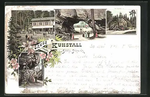 Lithographie Bad Schandau, Gasthaus Kuhstall, Krumme Karoline, Kuhstall