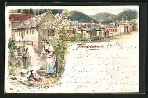Lithographie Friedrichroda, Ortsansicht, Bäuerin füttert Enten an der Schauenburgmühle