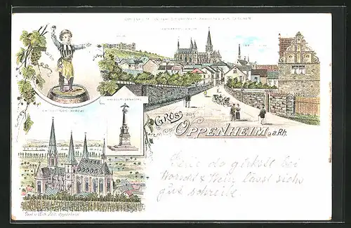 Lithographie Oppenheim a. Rh., Ortsansicht von der Dienheimer Chaussee aus, Krieger-Denkmal
