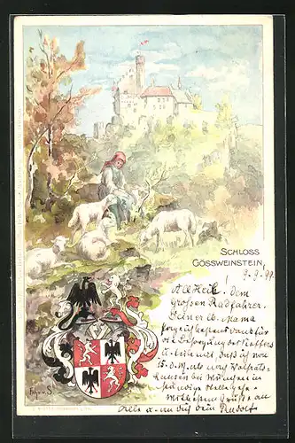 Künstler-Lithographie Schloss Gössweinstein, Idyll mit Schäferin, Wappen