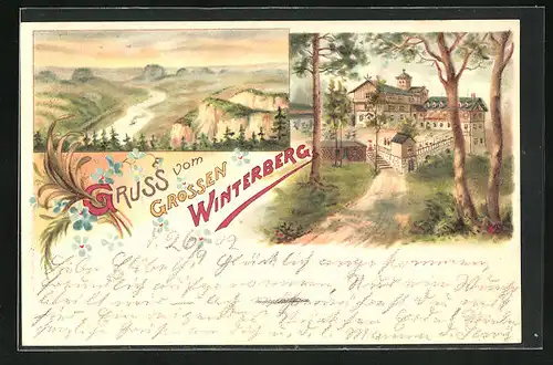Lithographie Bad Schandau, Gasthaus zum Grossen Winterberg, Landschaft der Sächsischen Schweiz