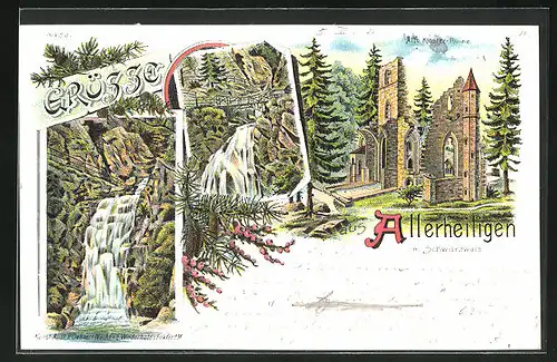 Lithographie Allerheiligen / Schwarzwald, Blick auf alte Kloster-Ruine und Wasserfall