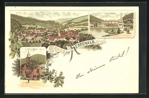 Lithographie Herrenalb, Ortsansicht, Blick auf Kloster-Ruine und Conversations-Haus
