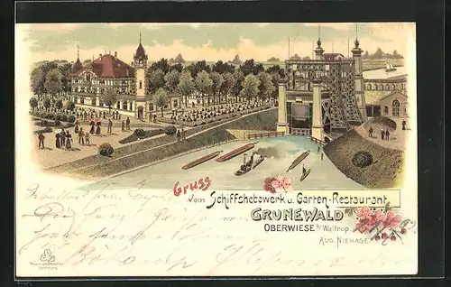 Lithographie Oberwiese b/Waltrop, Schiffshebewerk und Garten-Restaurant Grunewald