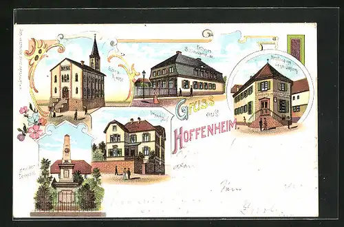 Lithographie Hoffenheim, Handlung von J. Dahlem, Früheres Schoss, Ev. Kirche, Pfarrhaus, Kriegerdenkmal
