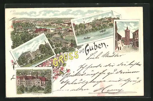 Lithographie Guben, Theater, Kreishaus, Werderthor-Thurm, Neisse Berge