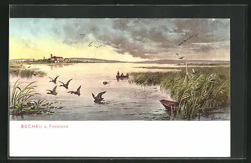 Künstler-AK Buchau a. Federsee, Panorama mit Ufer und Entenjagd