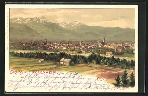 Künstler-Lithographie Erwin Spindler: Rosenheim, Panorama gegen die Alpen