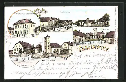 Lithographie Purschwitz, Restaurant Albertsburg, Pfarrhaus, Dorfstrasse
