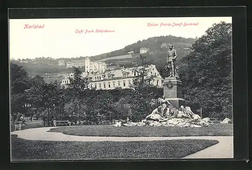 AK Karlsbad, Cafe Park Schönbrunn und Kaiser Franz Josef-Denkmal