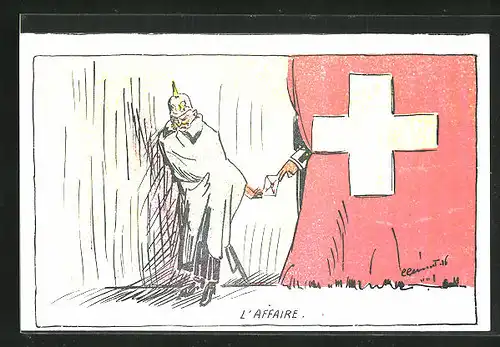 AK L`Affaire, Karikatur von Kaiser Wilhelm II. mit Pickelhaube u. Schweizer Flagge