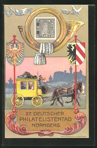 Künstler-AK Nürnberg, Postkutsche, 27. Deutscher Philatelistentag, Wappen, Ganzsache