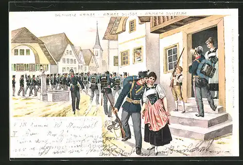 Lithographie Schweizer Armee, Soldat verabschiedet sich von der Liebsten