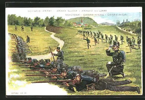 Lithographie Schweizer Armee, Schützen in Stellung