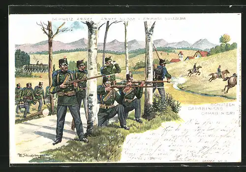 Lithographie Schweizer Armee, Schützen schlagen feindliche Kavallerie zurück