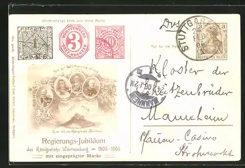 AK Ganzsache 3 Pf.: Regierungs-Jubiläum des Königreichs Württemberg 1906, Briefmarken
