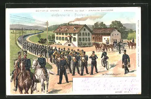 Lithographie Schweizer Armee, Infanterie auf dem Marsch