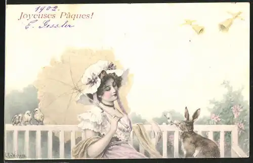 Künstler-AK Wichera: Dame mit Hut und Schirm auf einer Bank mit einem Hasen, Ostergruss