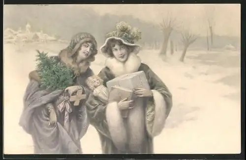 Künstler-AK Wichera: Zwei Damen mit Paket u. Tanne laufen durch den Schnee