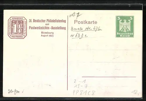AK Hamburg, Postwertzeichen-Ausstellung 1925, Ganzsache PP81C8, Segelschiff und Schlepper im Hafen