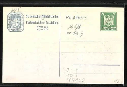 AK Hamburg, Postwertzeichen-Ausstellung 1925, Ganzsache PP81C8, Bismarck-Denkmal