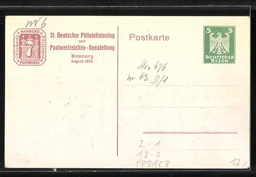 AK Hamburg, Postwertzeichen-Ausstellung 1925, Ganzsache PP81C8, Boote auf der Kleinen Alster