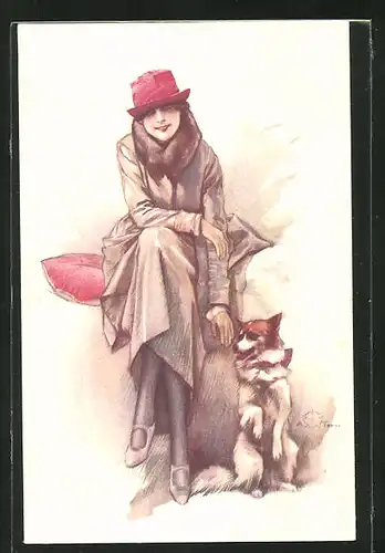 Künstler-AK Terzi: Hund macht Männchen neben der Dame mit rotem Hut