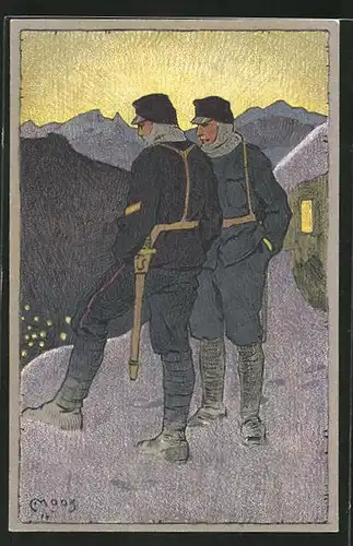Künstler-AK Carl Moos: Zwei schweizer Soldaten in Uniformen in den Bergen