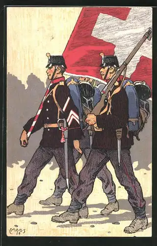 Künstler-AK Carl Moos: Zwei schweizer Soldaten in Uniformen mit Flagge