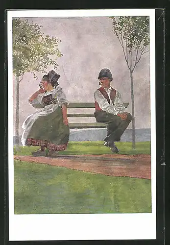 Künstler-AK sign. C. Spindler: Die Schmollenden, Mann u. Frau in Trachten auf einer Bank mit Bäumen
