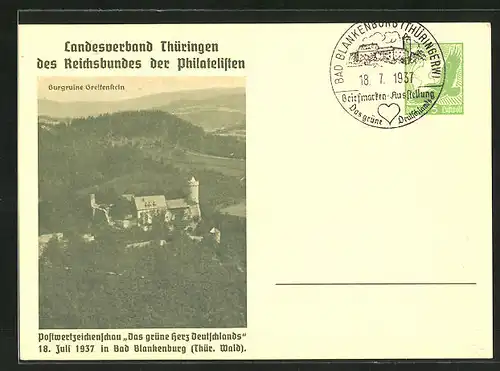 AK Bad Blankenburg, Postwertzeichenschau Das grüne Herz Deutschlands 1937, Ganzsache, Burgruine Greifenstein