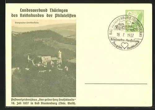 AK Bad Blankenburg, Postwertzeichenschau Das grüne Herz Deutschlands 1937, Ganzsache, Burgruine Greifenstein