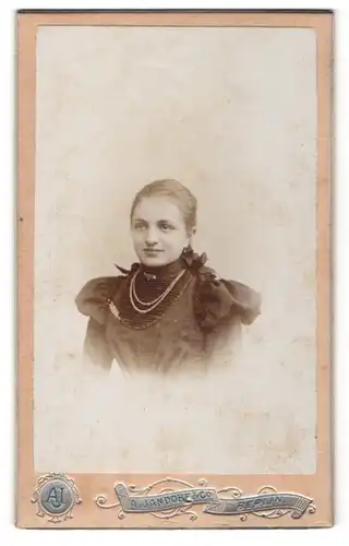 Fotografie A. Jandorf & Co., Berlin, Portrait junge Dame mit zurückgebundenem Haar im eleganten Kleid mit Puffärmeln