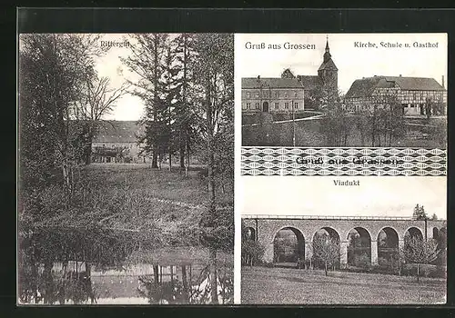 AK Crossen b. Erlau, Rittergut, Viadukt, Kirche, Schule u. Gasthof