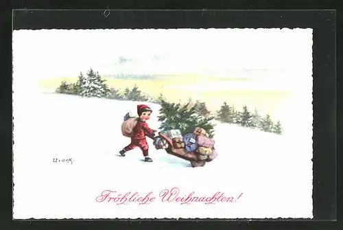 Künstler-AK Elly Frank: Fröhliche Weihnachten, Knabe mit Karre voller Geschenke und Tannenbaum im Winter