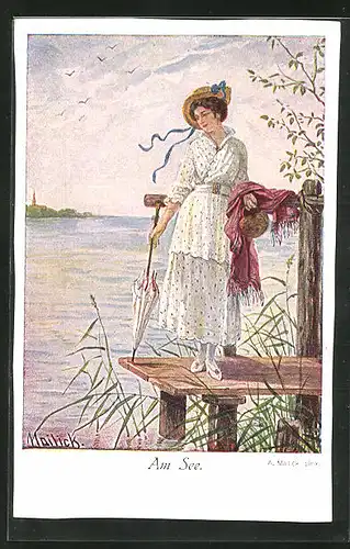 Künstler-AK Alfred Mailick: Am See, Dame mit Hut und Schirm steht auf einem Steg