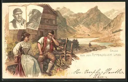 Lithographie Schweizer Volkstypen an ihrer Berghütte im Appenzeller Land