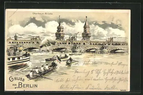 Lithographie Berlin-Friedrichshain, Boote drängen sich vor der Oberbaumbrücke