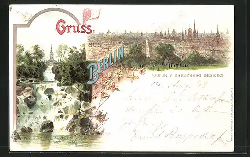 Lithographie Berlin-Kreuzberg, Aussicht vom Kreuzberg, am Wasserfall im Victoria-Park