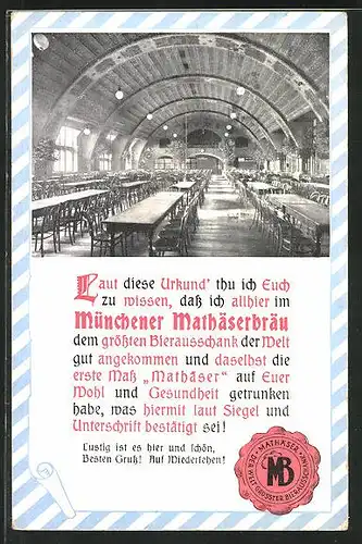 Passepartout-AK München, Mathäser-Bräu, Speisesaal mit Kuppeldecke, Wappen und bayerische Farben