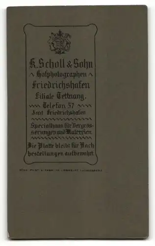 Fotografie Scholl & Sohn, Friedrichshafen-Tettnang, Portrait bürgerlicher Herr mit Schnauzbart u. Krawatte im Anzug