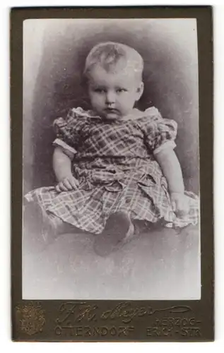 Fotografie F. H. Meyer, Otterndorf, Portrait niedliches Kleinkind im karierten Kleid auf Tisch sitzend