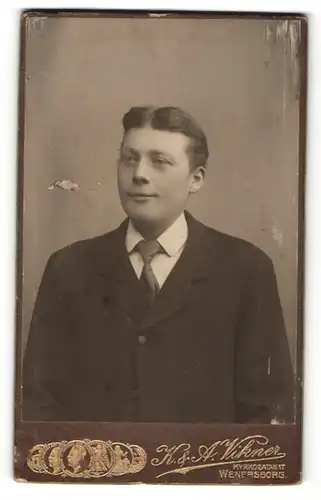 Fotografie K. & A. Vikner, Wenersborg, junger Herr mit Mittelscheitel und Krawatte