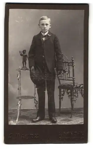 Fotografie A. Maerz, Spandau, Portrait junger Herr mit Hut u. Buch im Anzug