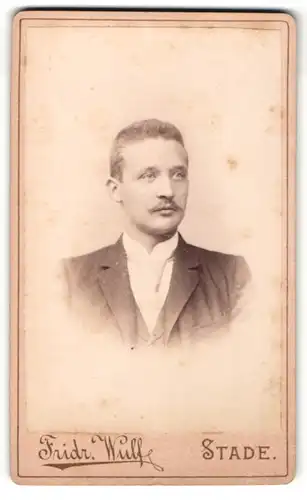 Fotografie Fridr. Wulf, Stade, Portrait junger Herr mit Oberlippenbart in Anzug mit Krawatte
