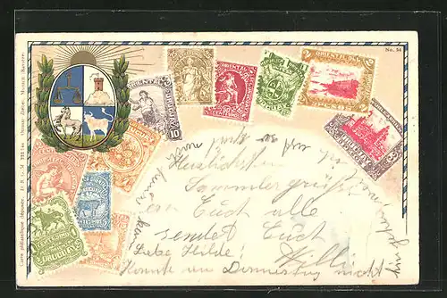 Präge-AK verschieden farbige Briefmakren aus Uruguay mit Wappen