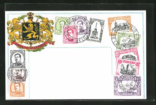 Präge-AK Belgisches Wappen und verschiedene Briefmarken
