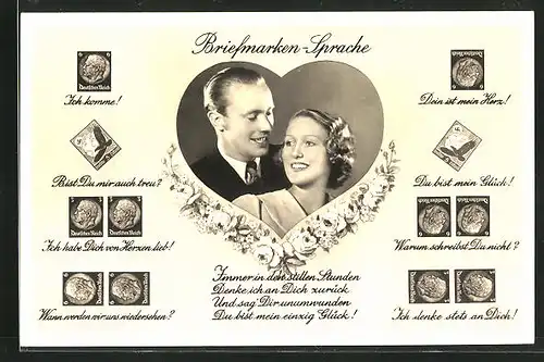 AK Briefmarkensprache, verliebtes Paar in Herz mit Briefmarkensprüchen Ich komme, Bist Du mir auch treu