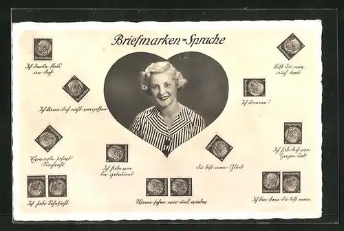 AK Briefmarkensprache, Frau in Herz mit Briefmarkensprüchen Ich denke fest an Dich
