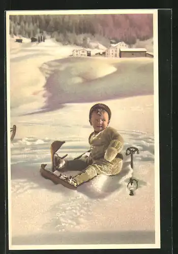 AK Kind mit Skiern im Schnee